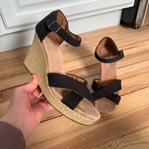 TOMS Womens Black Canvas Crisscross Espadrille Wedge Sandals Ankle Strap‎ Size 9